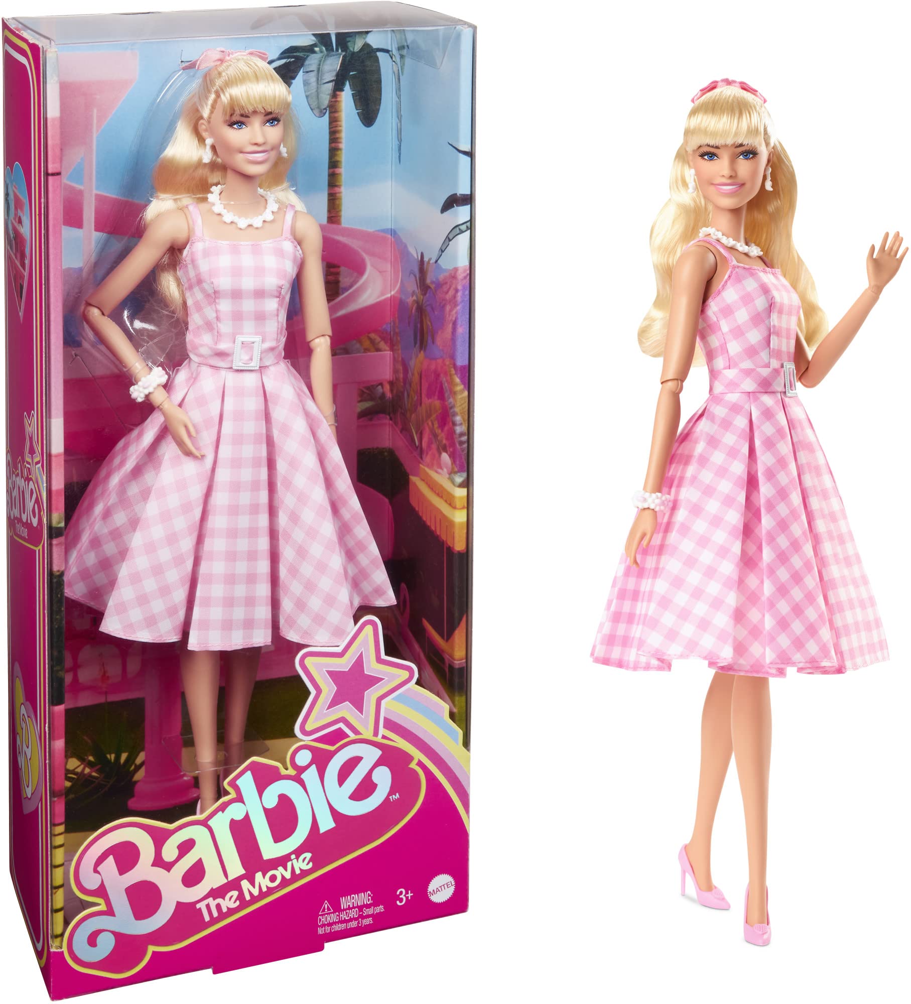 Barbie The Movie Doll, Margot Robbie as Barbie, Collectible Doll Wearing Pink and White Gingham Dress with Daisy Chain Necklace, HPJ96