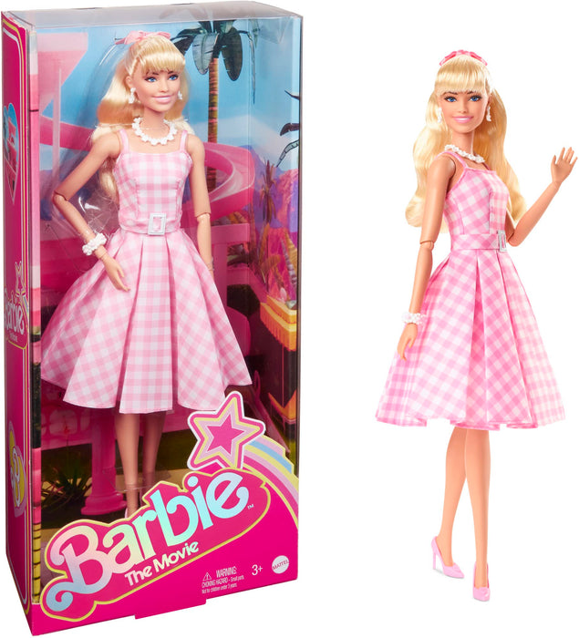 Barbie The Movie Doll, Margot Robbie as Barbie, Collectible Doll Wearing Pink and White Gingham Dress with Daisy Chain Necklace, HPJ96