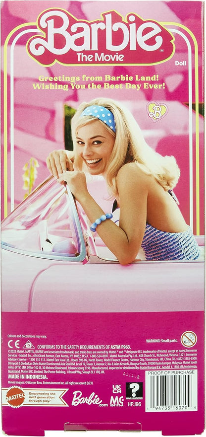 Barbie The Movie Doll, Margot Robbie as Barbie, Collectible Doll Wearing Pink and White Gingham Dress with Daisy Chain Necklace, HPJ96