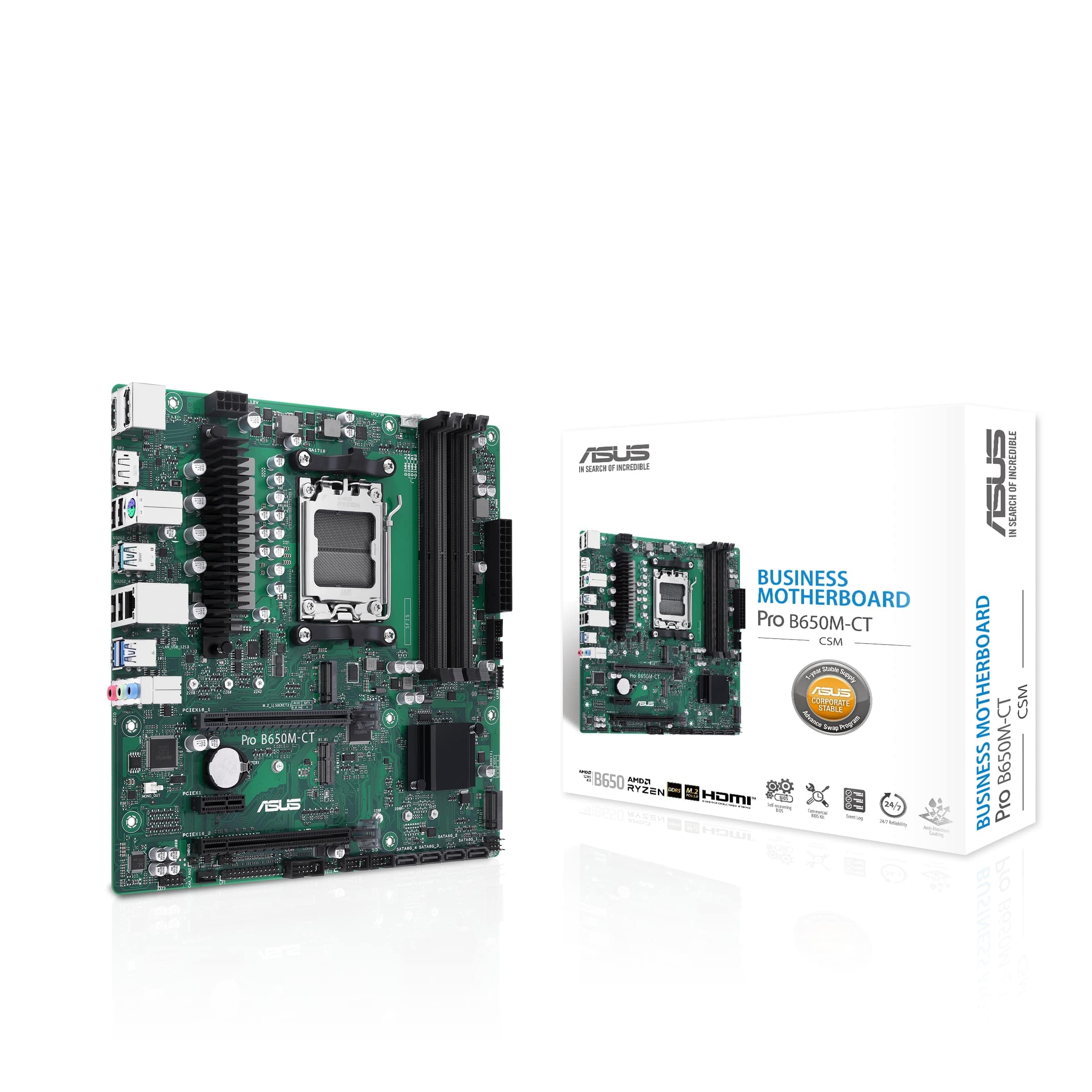 ASUS Pro B650M-CT-CSM Business Motherboard Socket AMD AM5 (Ryzen 7000, micro-ATX, DDR5 Memory, PCIe 5.0, USB 3.2 Gen 2, Commercial BIOS Kit