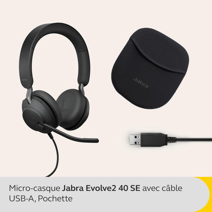 Jabra Evolve2 40 SE Wired Noise-Cancelling Stereo Headset With 3-Microphone Call Technology and USB-A Cable - MS Teams Certified, Works with All Other Platforms - Black