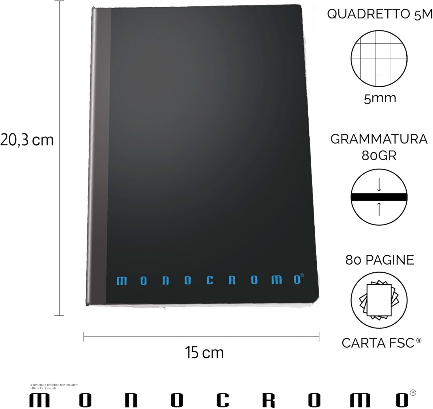Pigna Carnet de notes monochrome à reliure filo de Singer, 5M, carrés, format A5 15x20,3 cm, parfait pour les notes et les dessins, 5