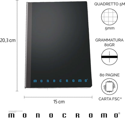 Pigna Carnet de notes monochrome à reliure filo de Singer, 5M, carrés, format A5 15x20,3 cm, parfait pour les notes et les dessins, 5