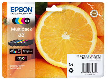 Epson Ink Cartridges, Claria" Premium Ink, 33, Oranges, Multipack, 1 x 6.4 ml Black, 1 x 4.5 ml Yellow, 1 x 4.5 ml Photo Black, 1 x 4.5 ml Cyan, 1 x 4.5 ml Magenta, Standard, RF+AM