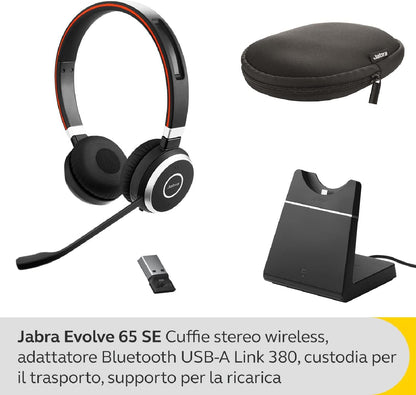 Jabra Evolve 65 SE Auriculares Inalámbricos Mono con Bluetooth - Micrófono con Cancelación de Ruido, Batería Duradera y Base de Carga - Certificado para Zoom, Unify y otras CUs - Negro