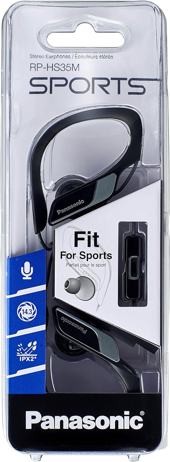 Panasonic RP-HS35ME-K Sports Headphones Headset for Mobile Telephony, Interchangeable Passport Pieces (S/M/L), IPX2 Protection, Clip, Black