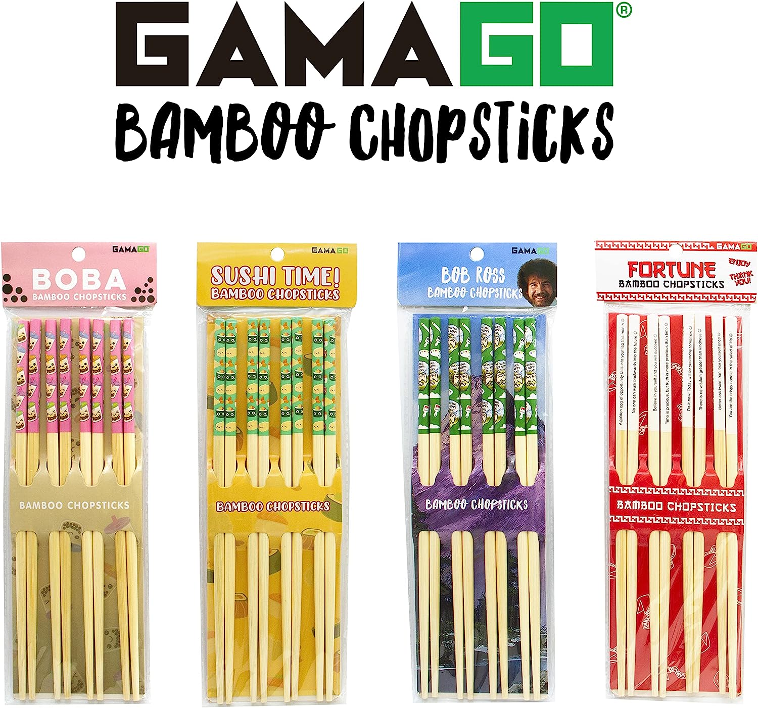 GAMAGO David Bowie Bamboo Chopsticks Set – 4 Pair of Adorably Cute Reusable Chop-Sticks - Easy Grip, Lightweight, Durable, 9.25 Inches