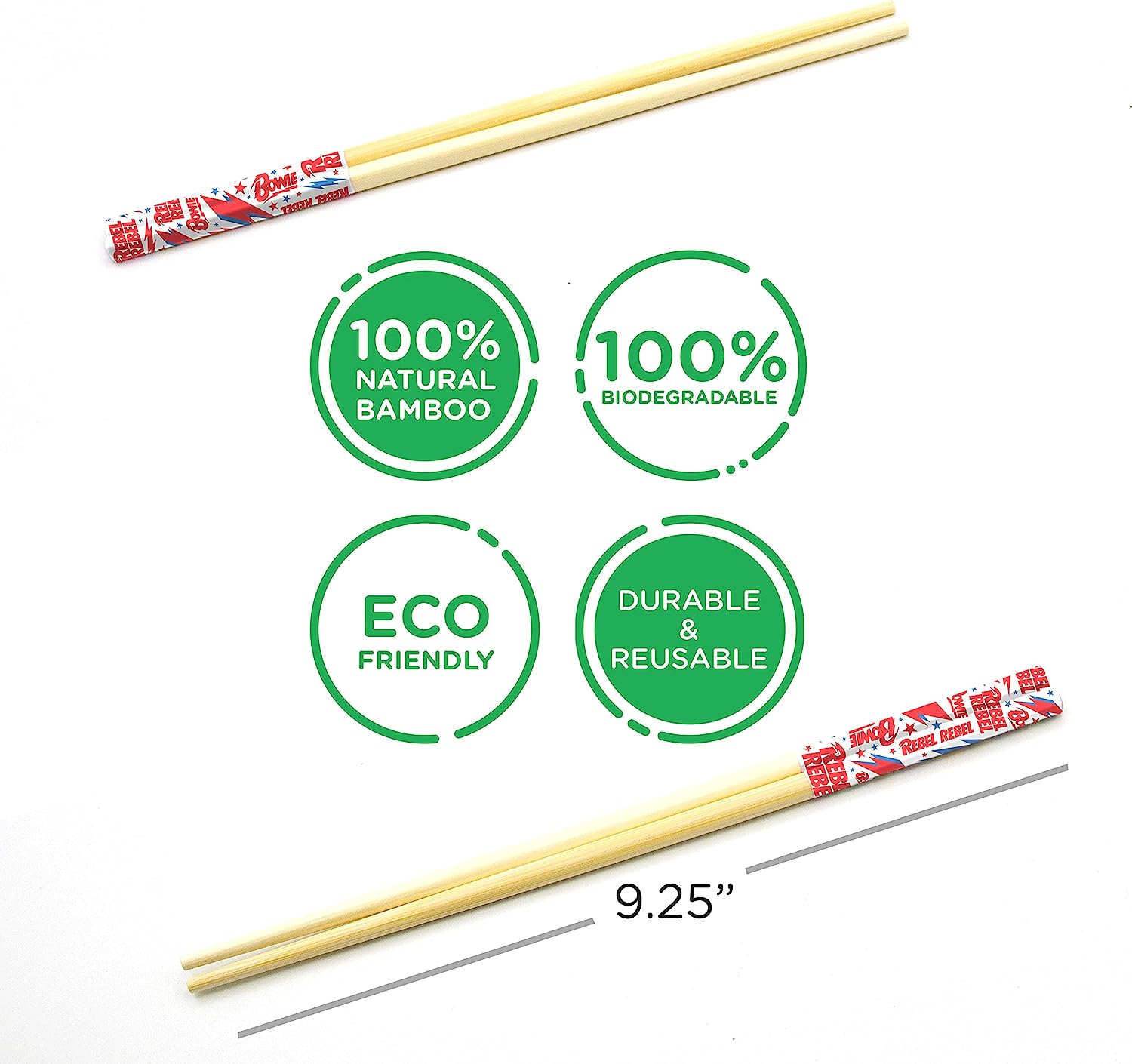 GAMAGO David Bowie Bamboo Chopsticks Set – 4 Pair of Adorably Cute Reusable Chop-Sticks - Easy Grip, Lightweight, Durable, 9.25 Inches