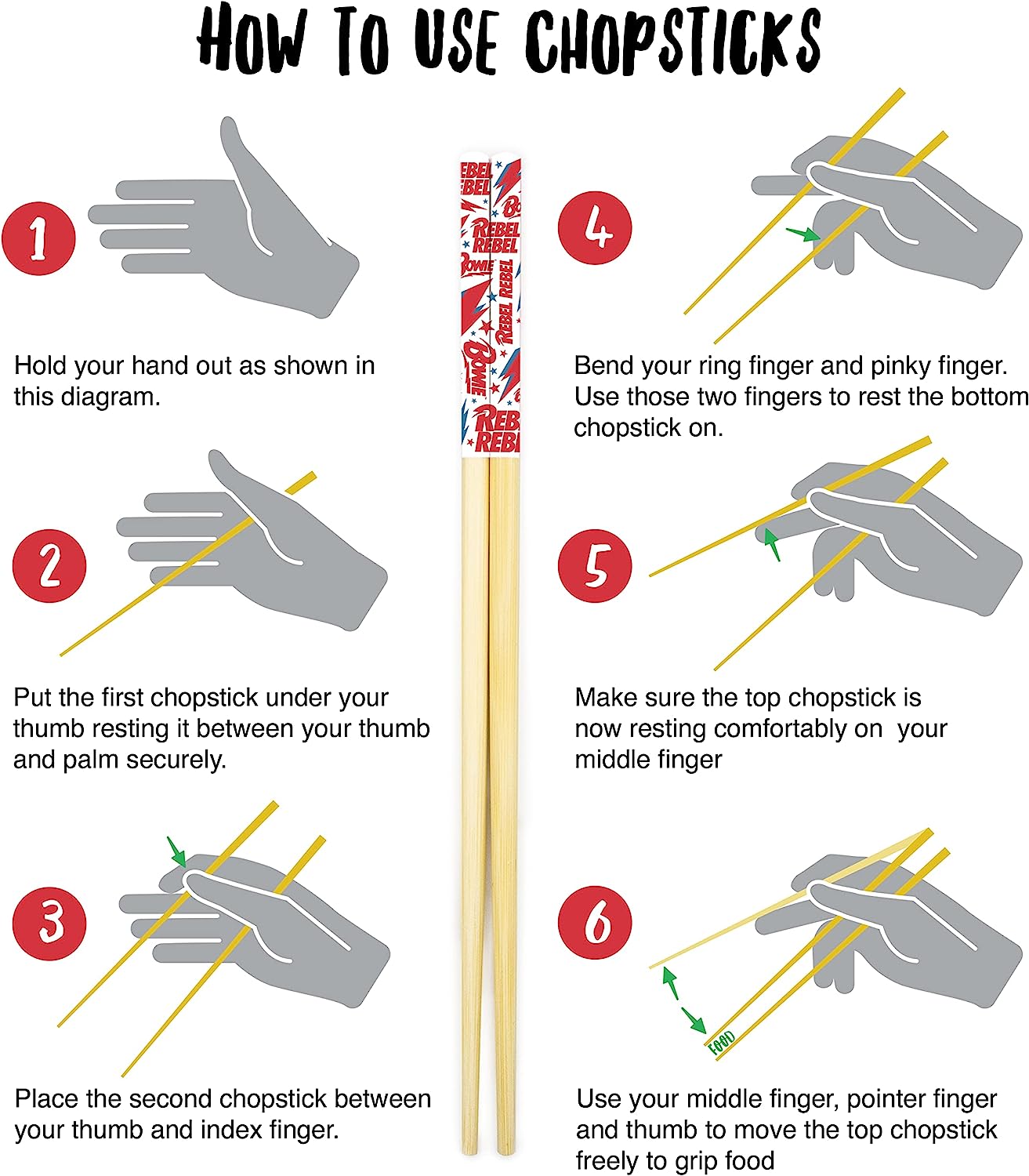 GAMAGO David Bowie Bamboo Chopsticks Set – 4 Pair of Adorably Cute Reusable Chop-Sticks - Easy Grip, Lightweight, Durable, 9.25 Inches
