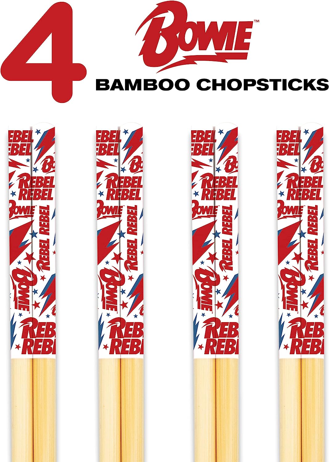 GAMAGO David Bowie Bamboo Chopsticks Set – 4 Pair of Adorably Cute Reusable Chop-Sticks - Easy Grip, Lightweight, Durable, 9.25 Inches