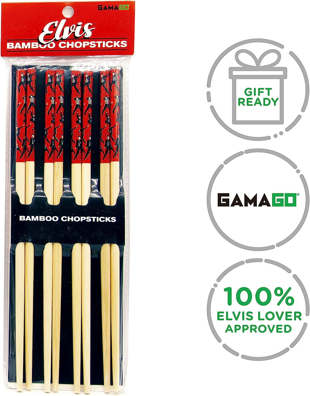 GAMAGO Elvis Bamboo Chopsticks Set – 4 Pair of Adorably Cute Reusable Chop-Sticks - Easy Grip, Lightweight, Durable, 9.25 Inches