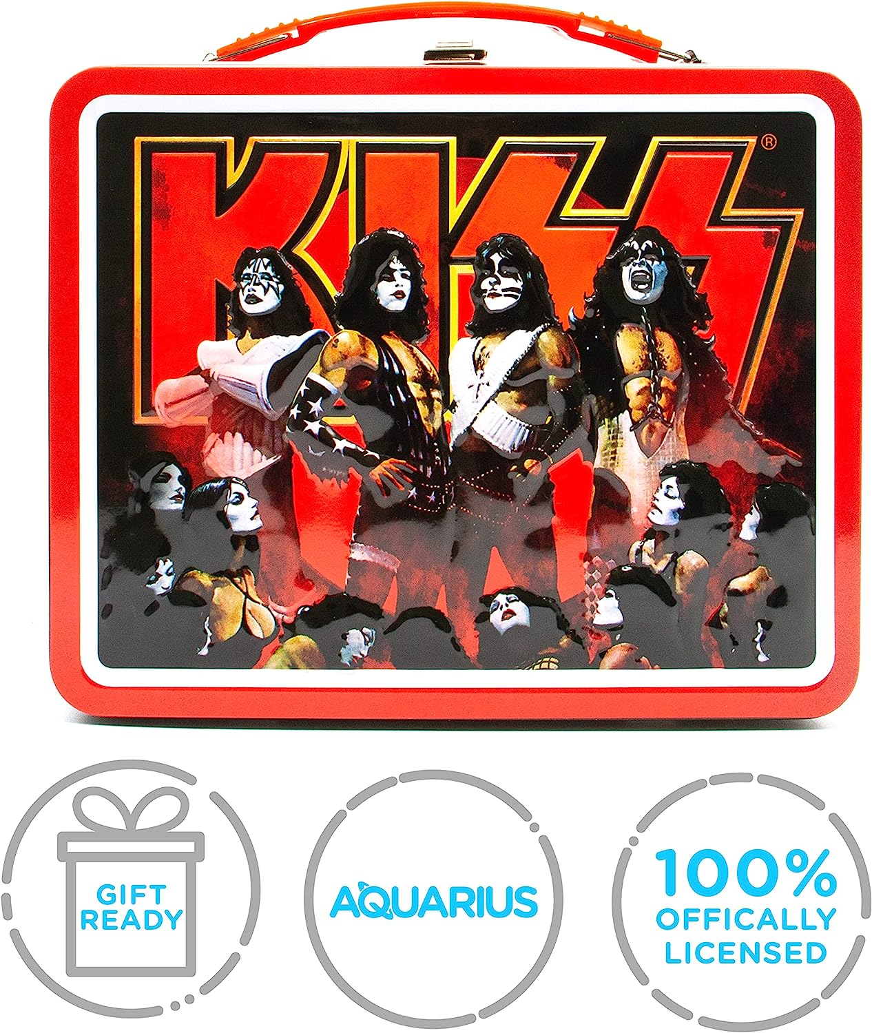 AQUARIUS KISS Fun Box - Sturdy Tin Storage Box with Plastic Handle & Embossed Front Cover - Officially Licensed KISS Merchandise & Collectible Gifts for Kids, Teens & Adults