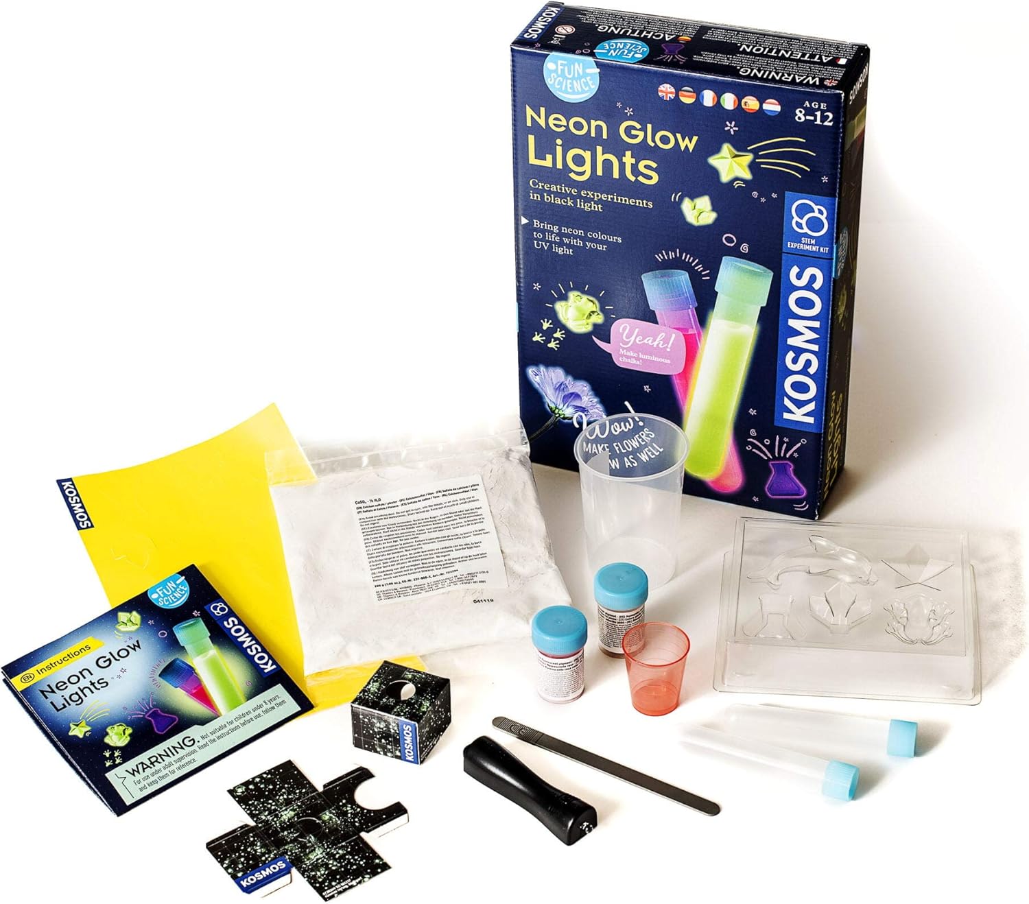 KOSMOS 616830 Fun Science Glow Lights, Neon-Leuchten, Kreative Experimente im Schwarzlicht, Experimentier Set für Kinder mit mehrsprachiger Anleitung (DE, EN, FR, IT, ES, NL