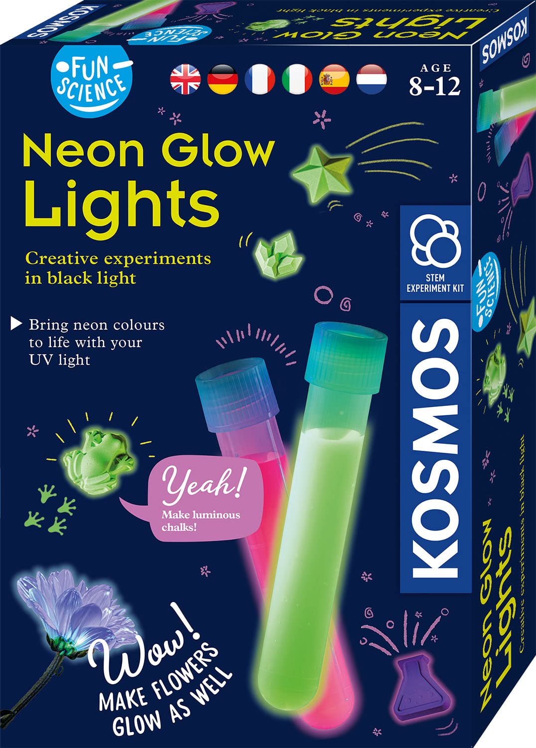 KOSMOS 616830 Fun Science Glow Lights, Neon-Leuchten, Kreative Experimente im Schwarzlicht, Experimentier Set für Kinder mit mehrsprachiger Anleitung (DE, EN, FR, IT, ES, NL