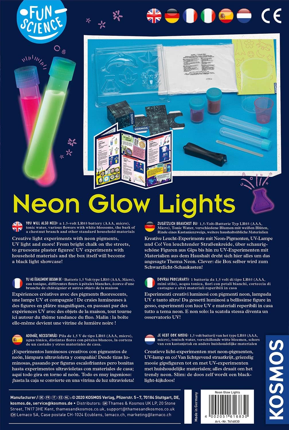 KOSMOS 616830 Fun Science Glow Lights, Neon-Leuchten, Kreative Experimente im Schwarzlicht, Experimentier Set für Kinder mit mehrsprachiger Anleitung (DE, EN, FR, IT, ES, NL