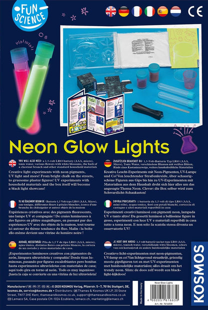 KOSMOS 616830 Fun Science Glow Lights, Neon-Leuchten, Kreative Experimente im Schwarzlicht, Experimentier Set für Kinder mit mehrsprachiger Anleitung (DE, EN, FR, IT, ES, NL