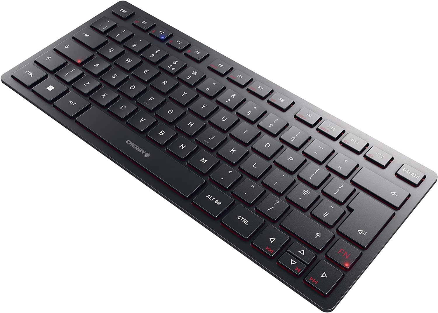 CHERRY KW 9200 MINI, compact multi-device keyboard for up to 4 devices, British layout (QWERTY), choice of connection via Bluetooth®, RF or cable, rechargeable, black