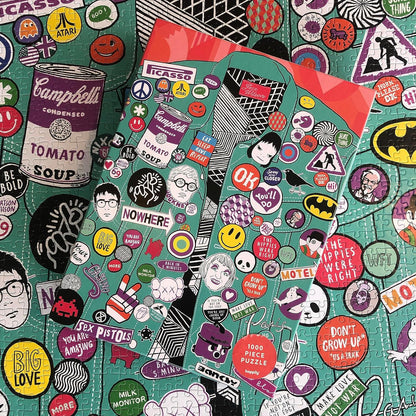 Pinned / 1,000 piece adult Jigsaw Puzzle for Adults from Happily featuring an illustration of pins & badges