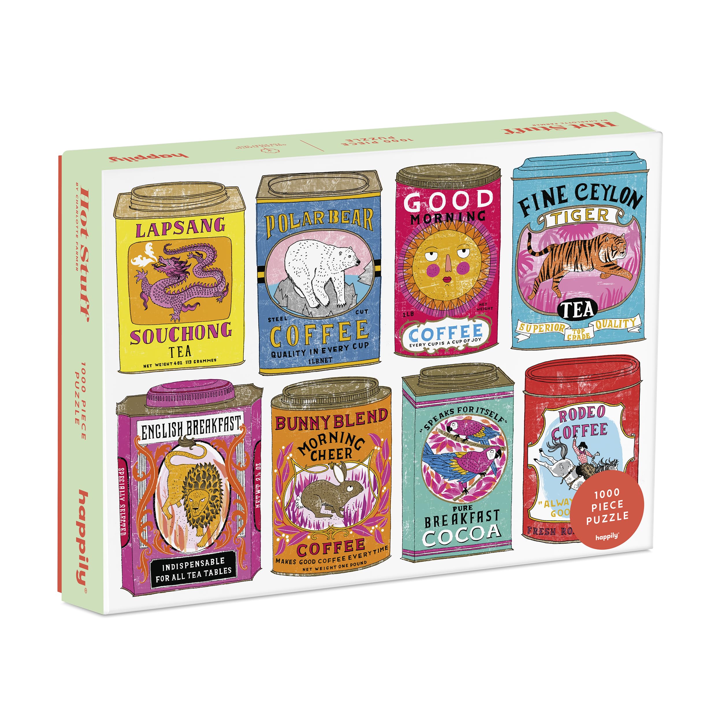 Hot Stuff / 1,000 Piece Jigsaw Puzzle for Adults from Happily featuring an illustrations of vintage coffee & tea tins by Charlotte Farmer