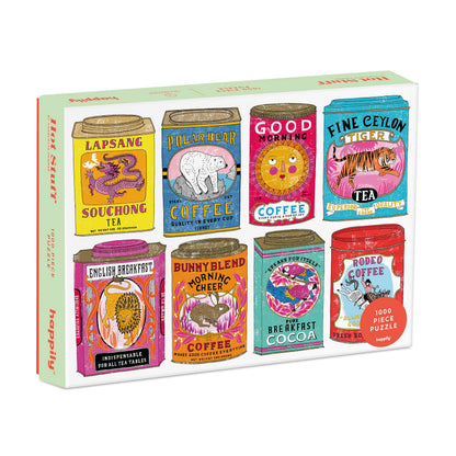 Hot Stuff / 1,000 Piece Jigsaw Puzzle for Adults from Happily featuring an illustrations of vintage coffee & tea tins by Charlotte Farmer
