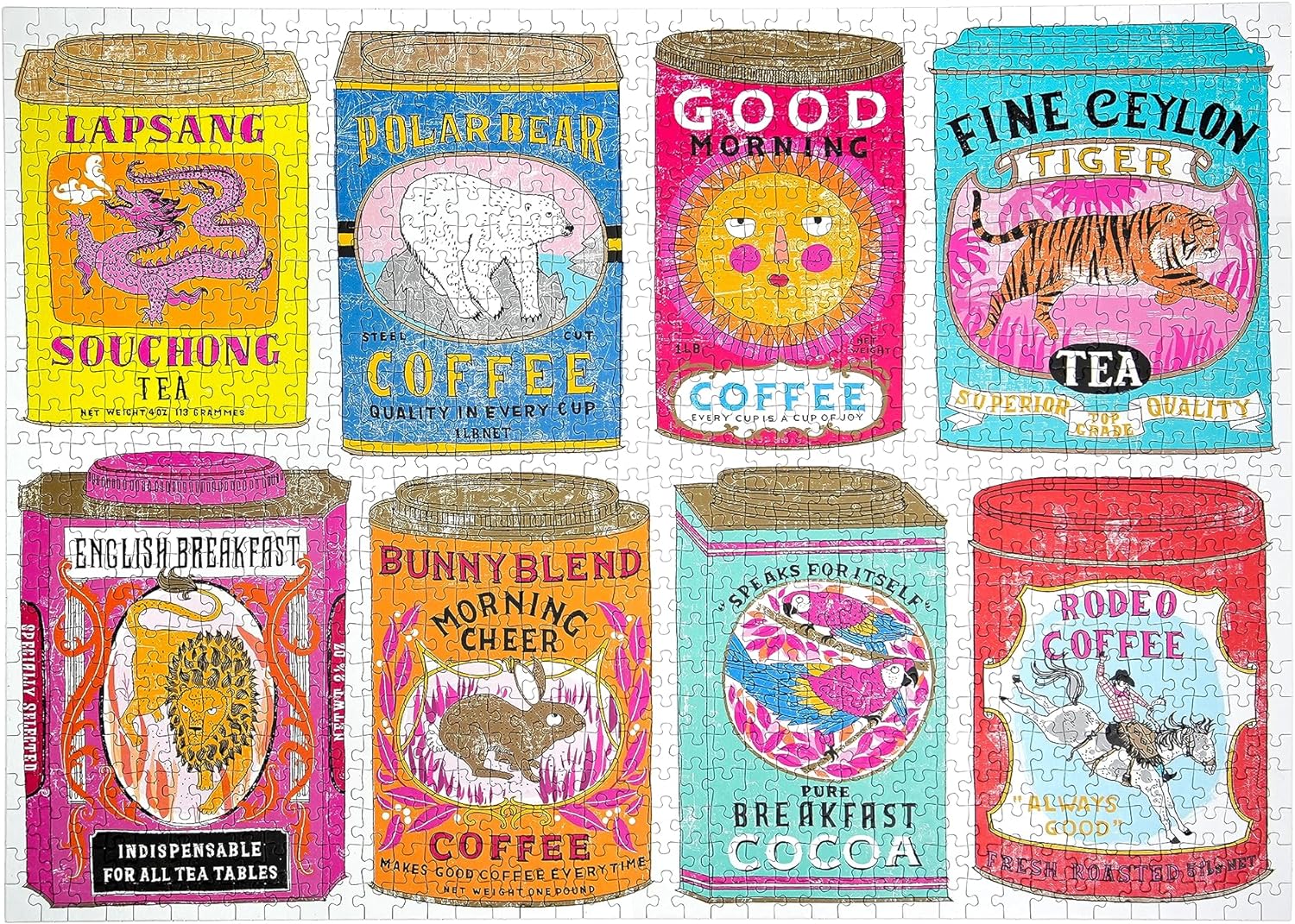 Hot Stuff / 1,000 Piece Jigsaw Puzzle for Adults from Happily featuring an illustrations of vintage coffee & tea tins by Charlotte Farmer