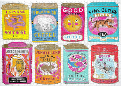 Hot Stuff / 1,000 Piece Jigsaw Puzzle for Adults from Happily featuring an illustrations of vintage coffee & tea tins by Charlotte Farmer