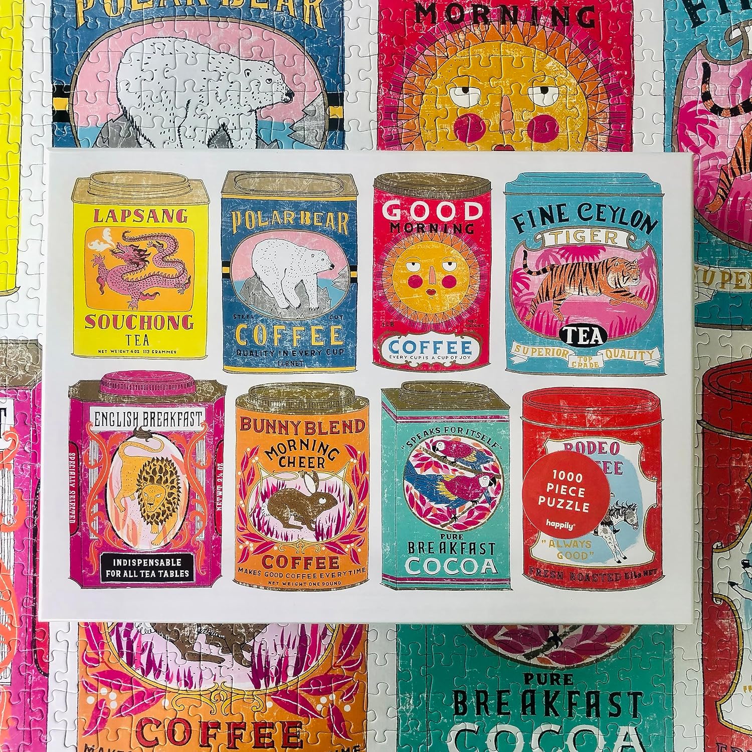 Hot Stuff / 1,000 Piece Jigsaw Puzzle for Adults from Happily featuring an illustrations of vintage coffee & tea tins by Charlotte Farmer