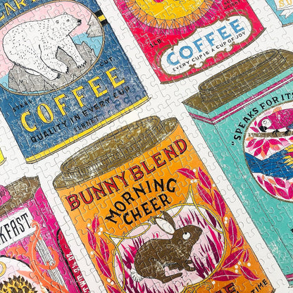 Hot Stuff / 1,000 Piece Jigsaw Puzzle for Adults from Happily featuring an illustrations of vintage coffee & tea tins by Charlotte Farmer