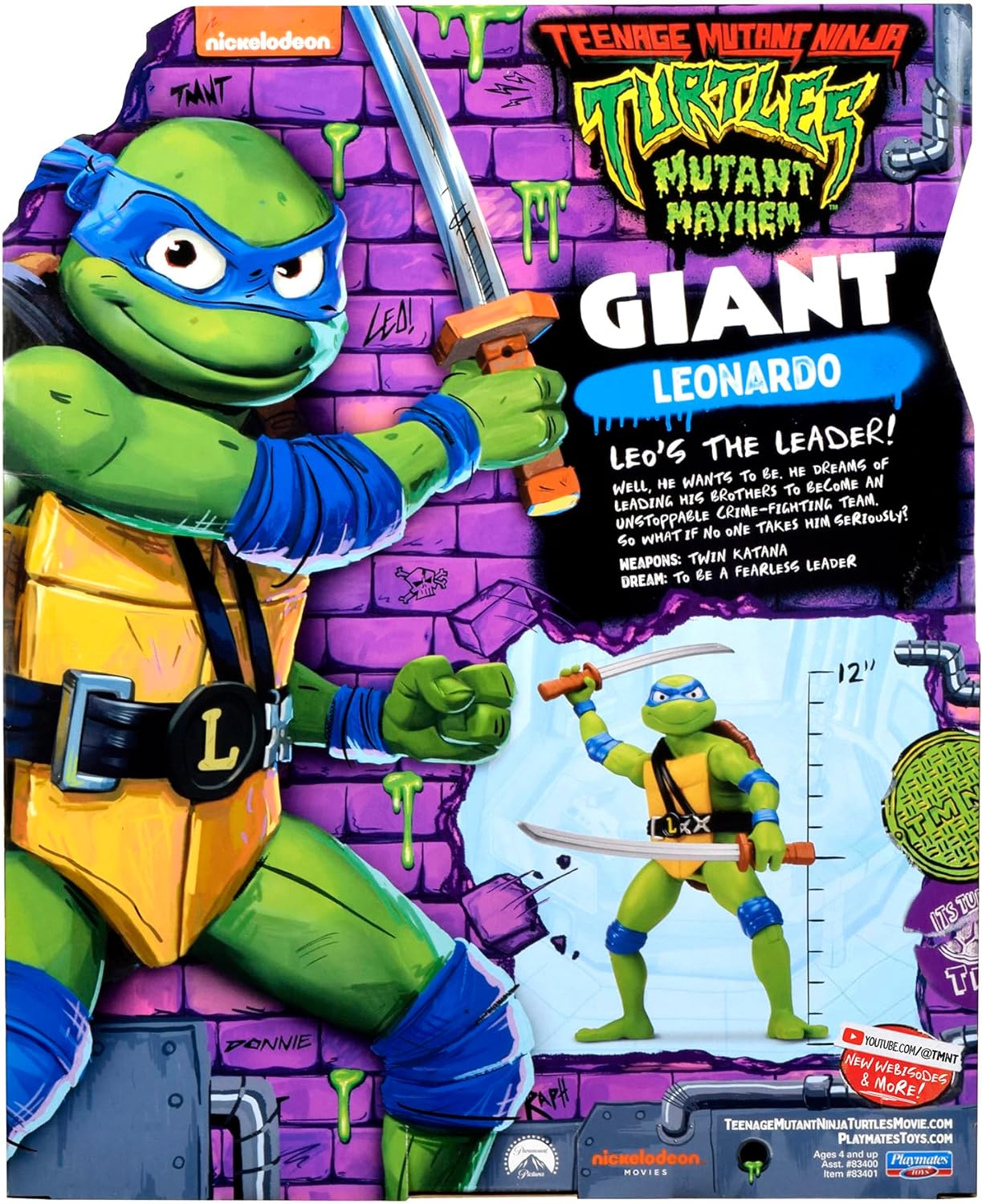 Teenage Mutant Ninja Turtles 83401CO Mutant Mayhem Giant Leonardo 12-Inch Action Figure. Ideal Present for Boys 4 to 7 Years and TMNT Fans, Black