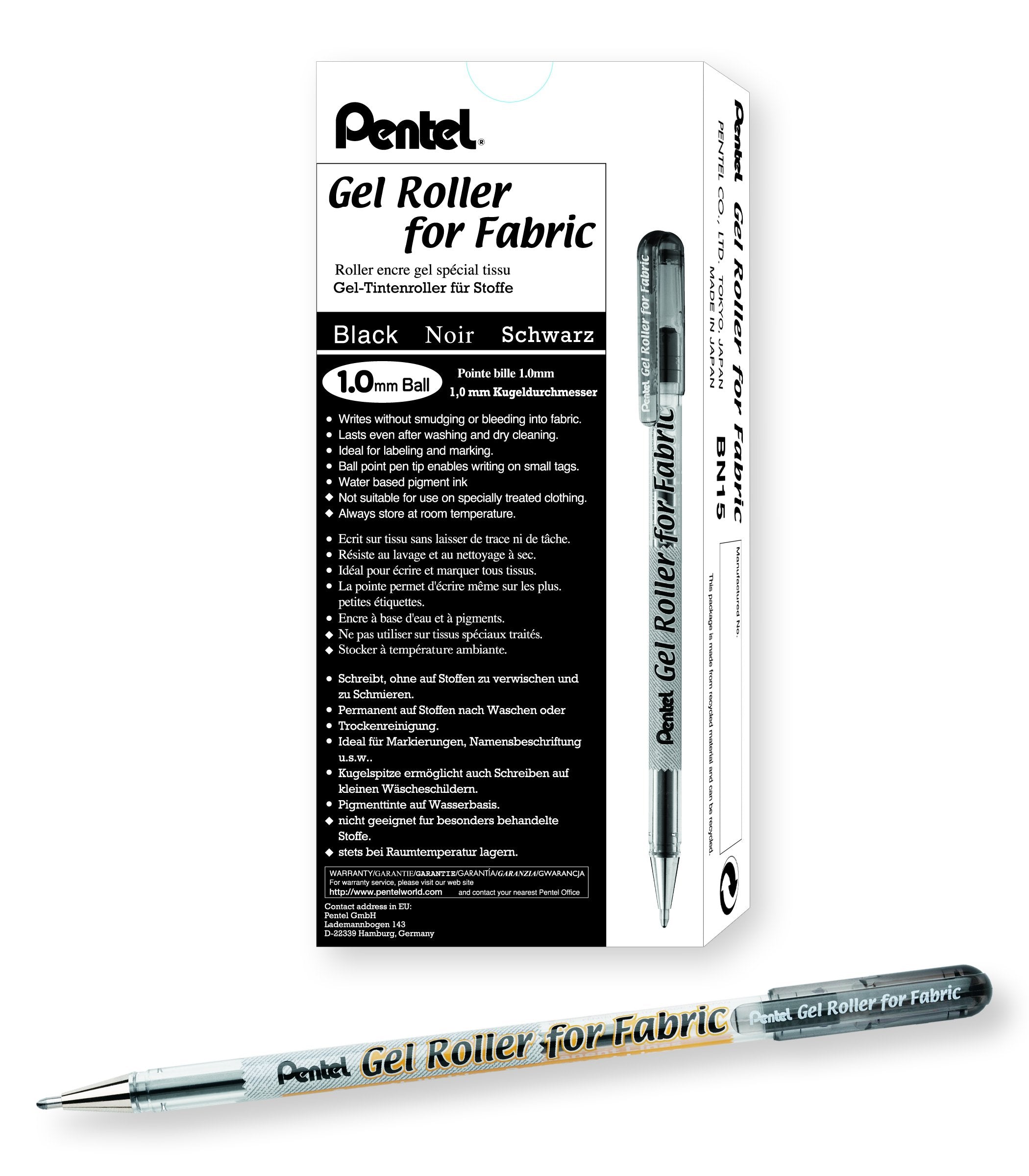 Gel Roller for Fabric, 1.0mm, Bold Lines, Permanent, Black Ink, Box of 12 (BN15-A