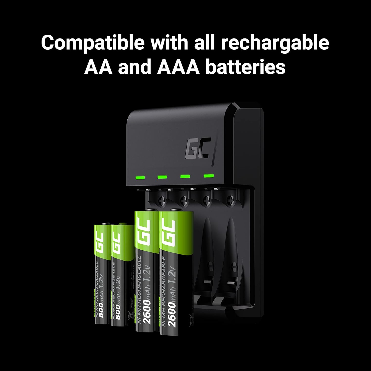 Green Cell VitalCharger Battery Charger with Micro USB and USB-C for NI-MH AA/AAA/R6/R03 Mignon Battery. 4-Channel Charging System - Charges from 1 to 4 AA or AAA Batteries, LED Signalling. Ladegerät