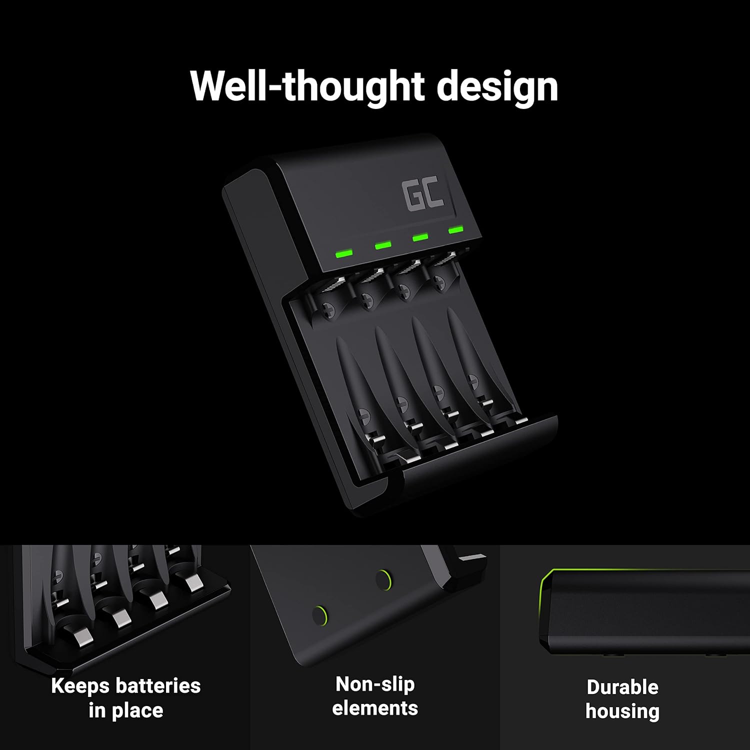 Green Cell VitalCharger Battery Charger with Micro USB and USB-C for NI-MH AA/AAA/R6/R03 Mignon Battery. 4-Channel Charging System - Charges from 1 to 4 AA or AAA Batteries, LED Signalling. Ladegerät