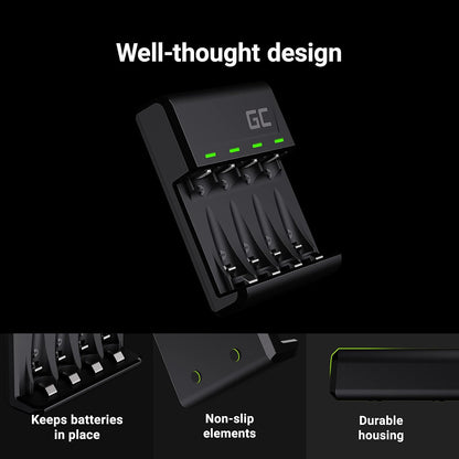 Green Cell VitalCharger Battery Charger with Micro USB and USB-C for NI-MH AA/AAA/R6/R03 Mignon Battery. 4-Channel Charging System - Charges from 1 to 4 AA or AAA Batteries, LED Signalling. Ladegerät
