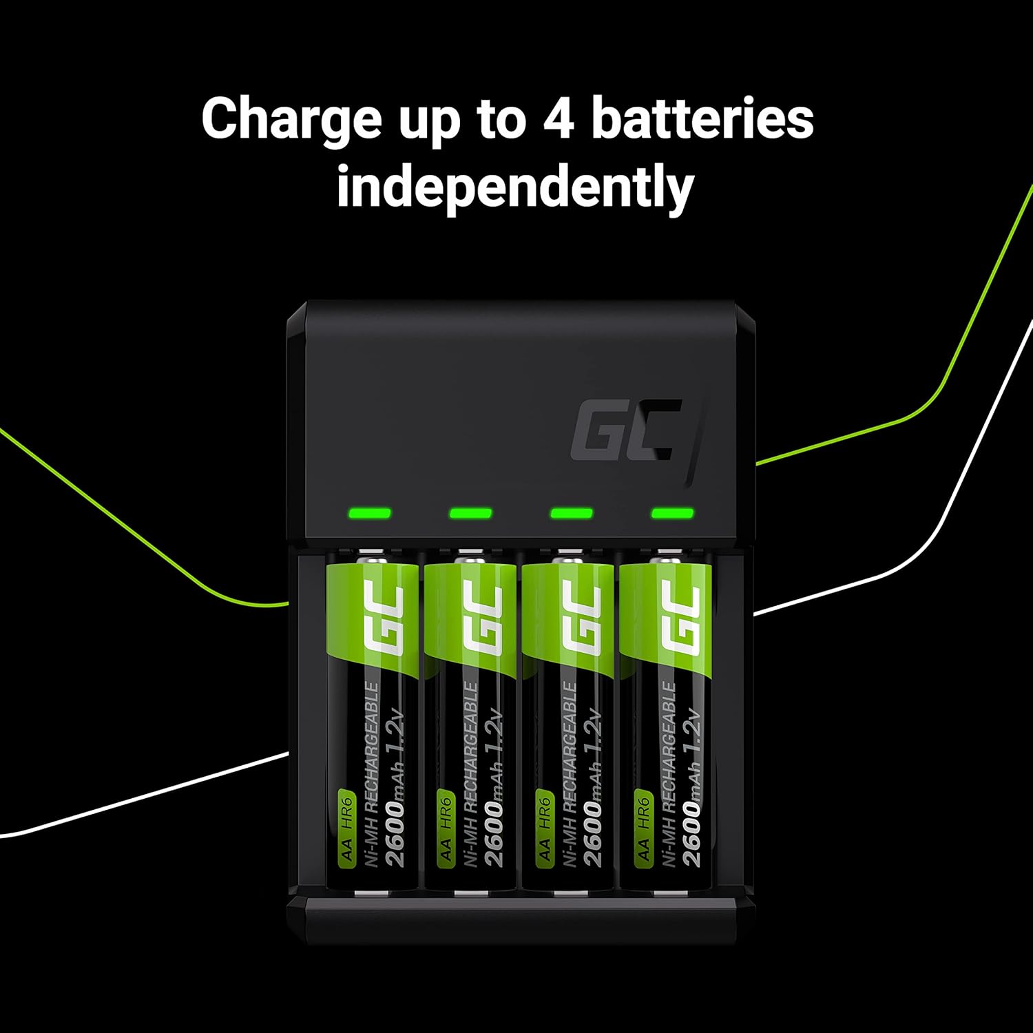 Green Cell VitalCharger Battery Charger with Micro USB and USB-C for NI-MH AA/AAA/R6/R03 Mignon Battery. 4-Channel Charging System - Charges from 1 to 4 AA or AAA Batteries, LED Signalling. Ladegerät