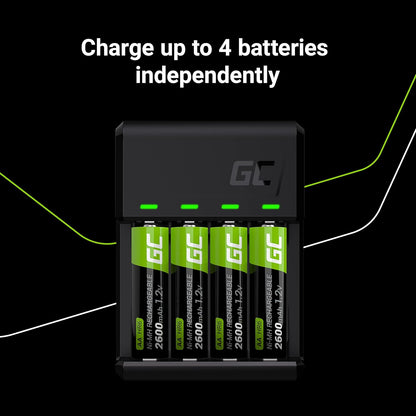 Green Cell VitalCharger Battery Charger with Micro USB and USB-C for NI-MH AA/AAA/R6/R03 Mignon Battery. 4-Channel Charging System - Charges from 1 to 4 AA or AAA Batteries, LED Signalling. Ladegerät