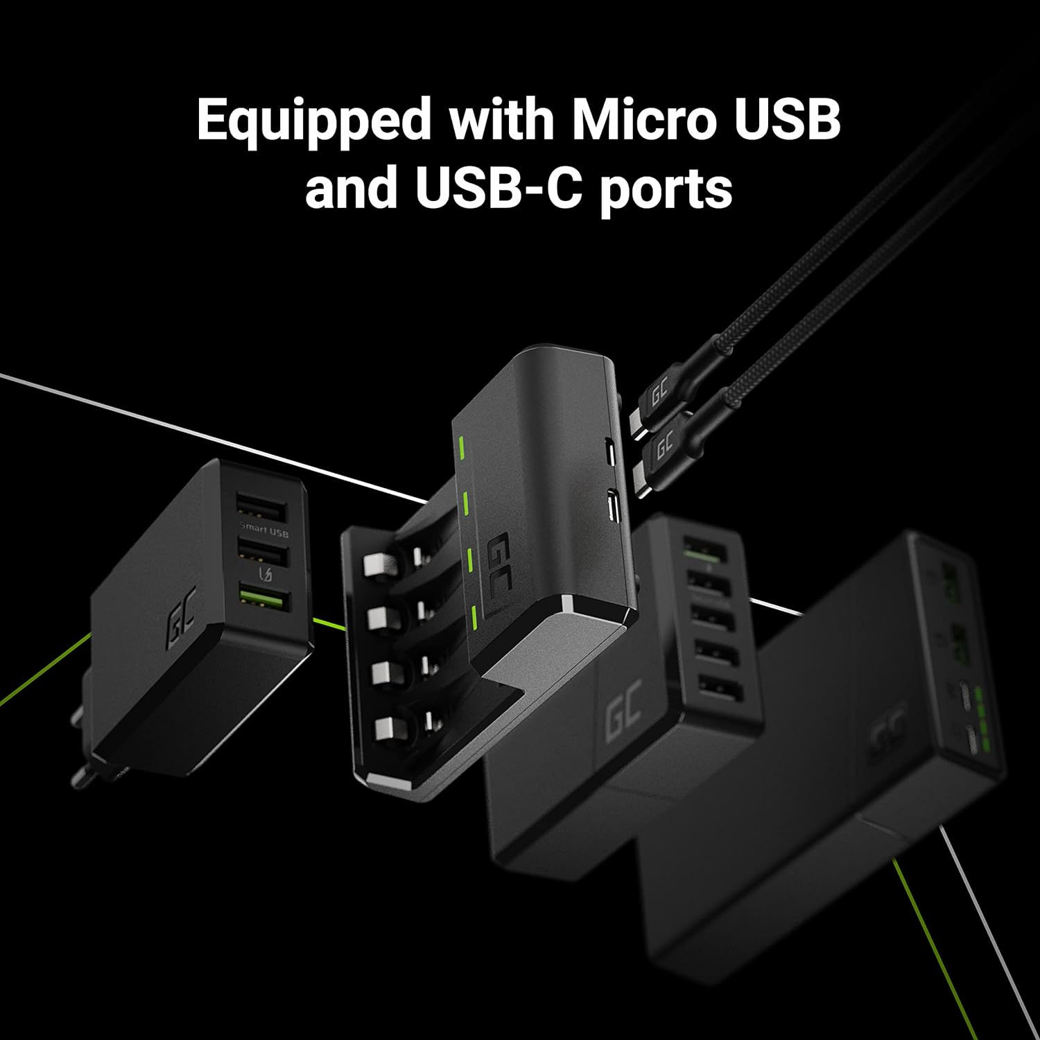 Green Cell VitalCharger Battery Charger with Micro USB and USB-C for NI-MH AA/AAA/R6/R03 Mignon Battery. 4-Channel Charging System - Charges from 1 to 4 AA or AAA Batteries, LED Signalling. Ladegerät