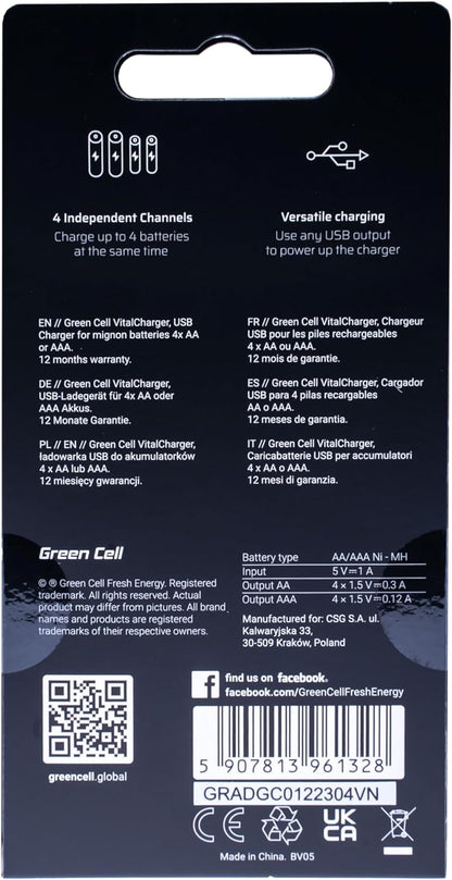 Green Cell VitalCharger Battery Charger with Micro USB and USB-C for NI-MH AA/AAA/R6/R03 Mignon Battery. 4-Channel Charging System - Charges from 1 to 4 AA or AAA Batteries, LED Signalling. Ladegerät