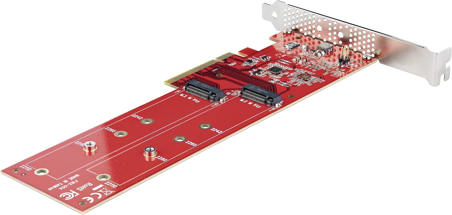 StarTech.com Dual M.2 PCIe SSD Adapter Card, PCIe x8 / x16 to Dual NVMe or AHCI M.2 SSDs, PCI Express 4.0, 7.8GBps/Drive, Bifurcation Required - Windows/Linux Compatible (DUAL-M2-PCIE-CARD-B