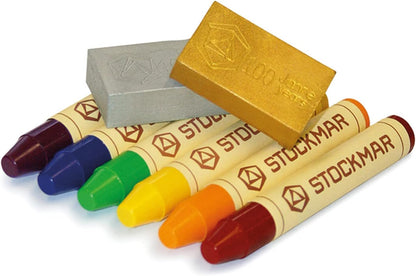 Stockmar Wax Crayons - Anniversary Rainbow Edition with 6 Colourful Colouring Pencils and 2 Blocks of Wax, Packed in a Practical Tin Case, Ideal for Nursery, Suitable for Children from 3 Years