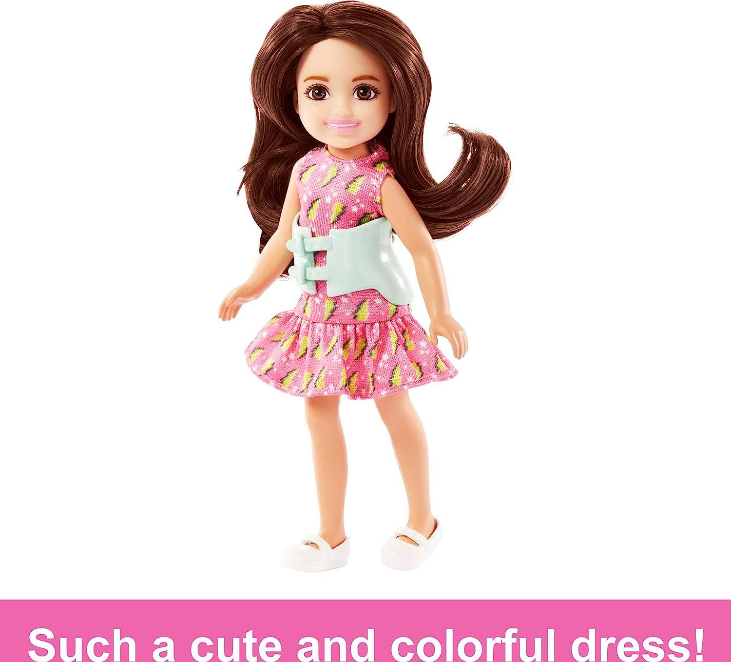 Barbie Toys, Chelsea Doll, 6-Inch Small Doll with Brace for Scoliosis Spine Curvature, Brunette Wearing Pink Lightning Bolt Dress