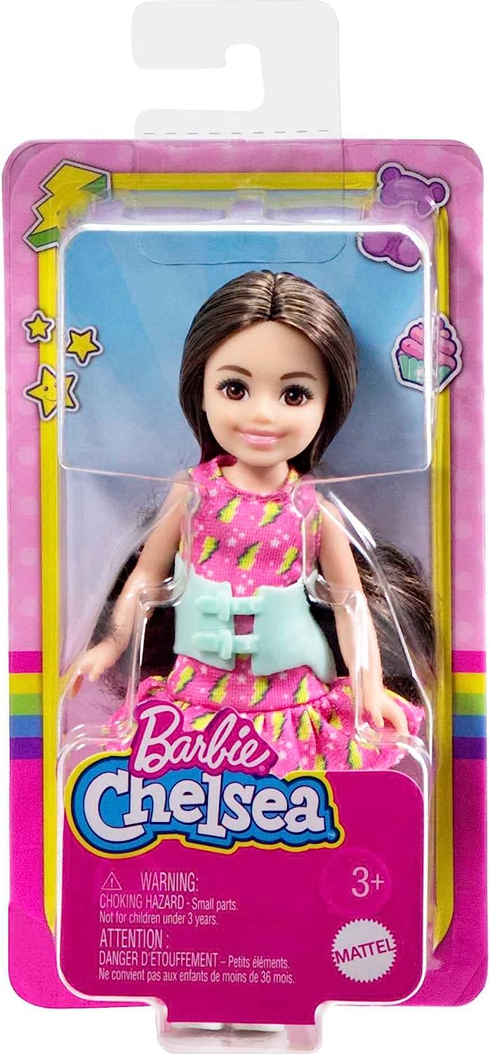 Barbie Toys, Chelsea Doll, 6-Inch Small Doll with Brace for Scoliosis Spine Curvature, Brunette Wearing Pink Lightning Bolt Dress