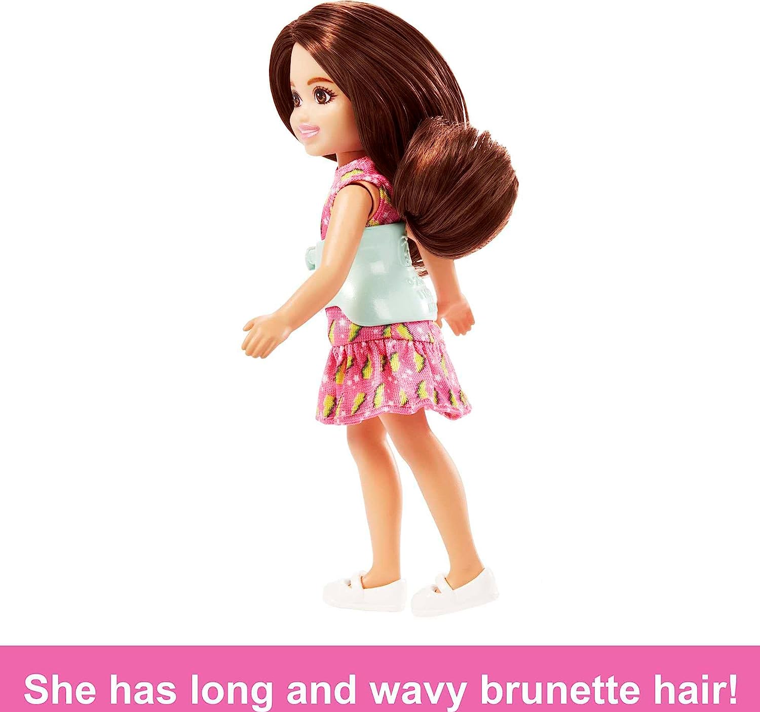 Barbie Toys, Chelsea Doll, 6-Inch Small Doll with Brace for Scoliosis Spine Curvature, Brunette Wearing Pink Lightning Bolt Dress