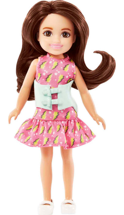 Barbie Toys, Chelsea Doll, 6-Inch Small Doll with Brace for Scoliosis Spine Curvature, Brunette Wearing Pink Lightning Bolt Dress