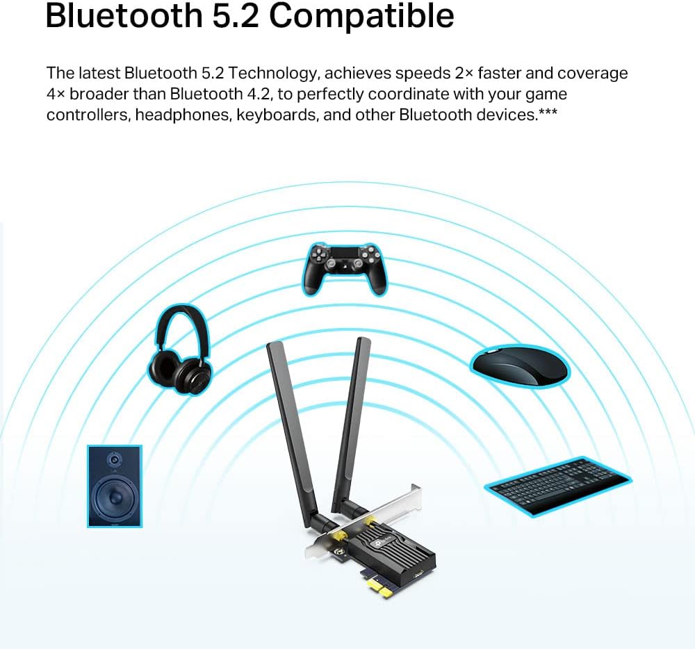 TP-Link AX1800 Wi-Fi 6 Dual Antennas High Gain Bluetooth 5.2 PCIe Adapter, Dual-Band, Low-Profile Bracket, MU-MIMO, Low- Latency Gaming, Supports Windows 10/11, Highly Secure WPA3 (Archer TX20E),Black