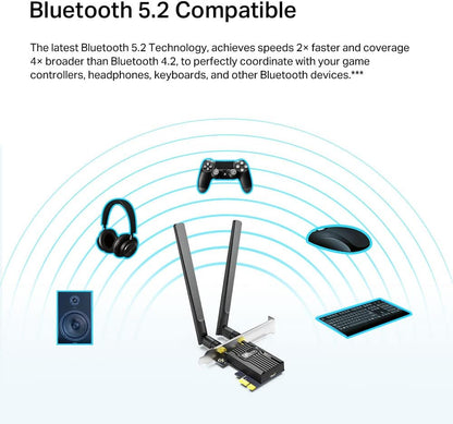 TP-Link AX1800 Wi-Fi 6 Dual Antennas High Gain Bluetooth 5.2 PCIe Adapter, Dual-Band, Low-Profile Bracket, MU-MIMO, Low- Latency Gaming, Supports Windows 10/11, Highly Secure WPA3 (Archer TX20E),Black