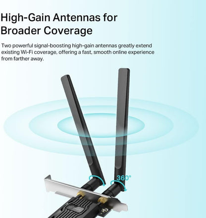TP-Link AX1800 Wi-Fi 6 Dual Antennas High Gain Bluetooth 5.2 PCIe Adapter, Dual-Band, Low-Profile Bracket, MU-MIMO, Low- Latency Gaming, Supports Windows 10/11, Highly Secure WPA3 (Archer TX20E),Black