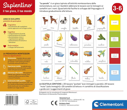Clementoni- Sapientino Palabras Montessori 3 años, Juego Educativo para Aprender a Leer, Desarrollo lenguaje con método nomenclatura – Fabricado en Italia, Multicolor, Talla única (16362