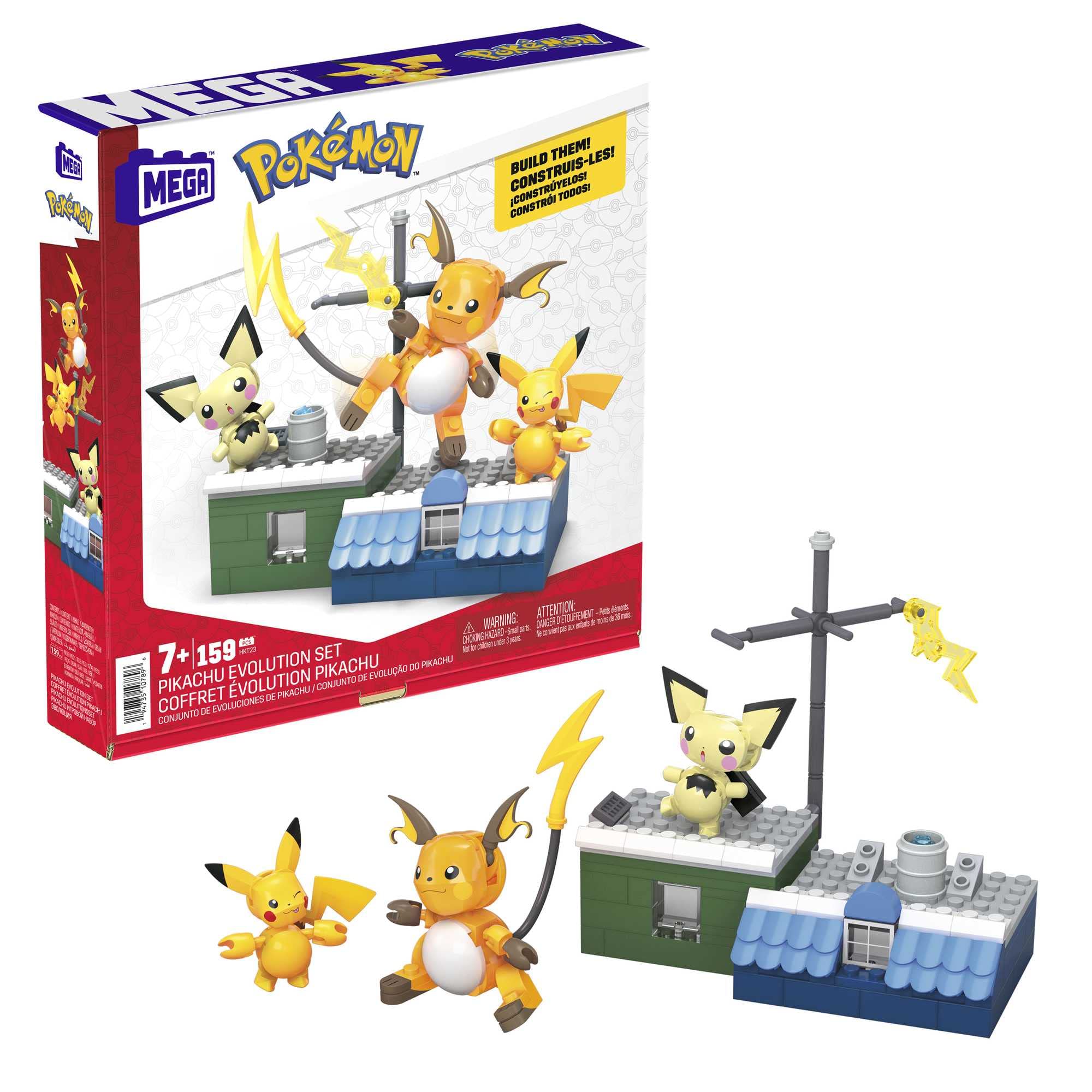 MEGA Pokémon Evoluciones de Pikachu Pack 3 Figuras (Pichu, Pikachu y Raichu) Bloques de construcción, Juguete +7 años (Mattel HKT23