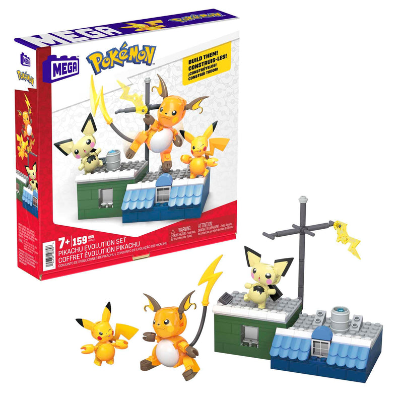 MEGA Pokémon Evoluciones de Pikachu Pack 3 Figuras (Pichu, Pikachu y Raichu) Bloques de construcción, Juguete +7 años (Mattel HKT23