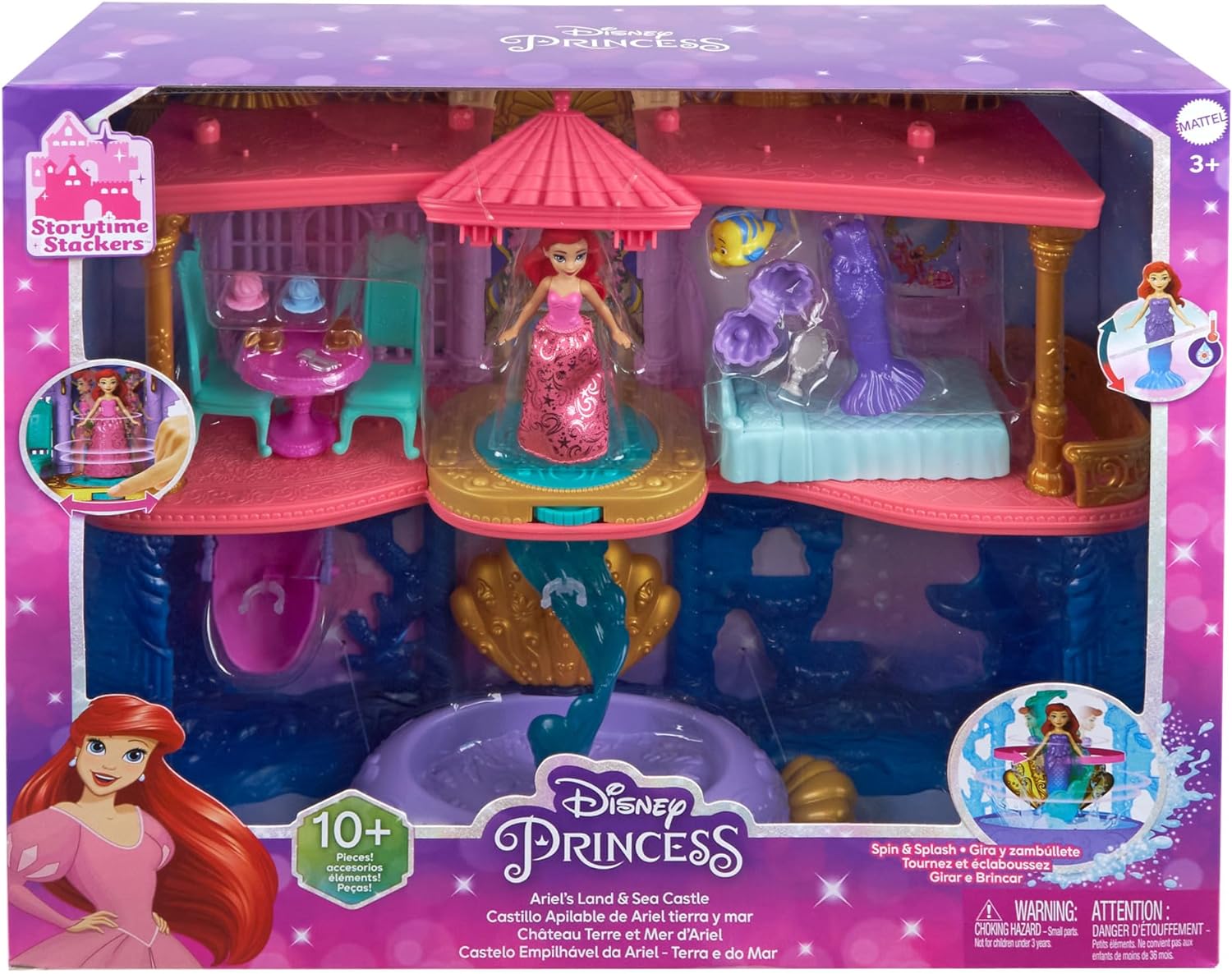 Mattel Disney Princess Ariel's Land & Sea Castle, Includes Ariel Doll with Red Hair and Colour-Changing Mermaid Fin, Flounder Pet, Pool, 10 Doll Accessories, Toys for Ages 3 and Up, Playset, HLW95